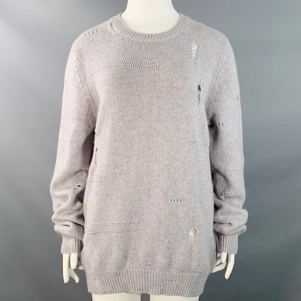 Size L Light Grey Wool Yak Cashmere Knit Distressed Crew Neck Sweater
